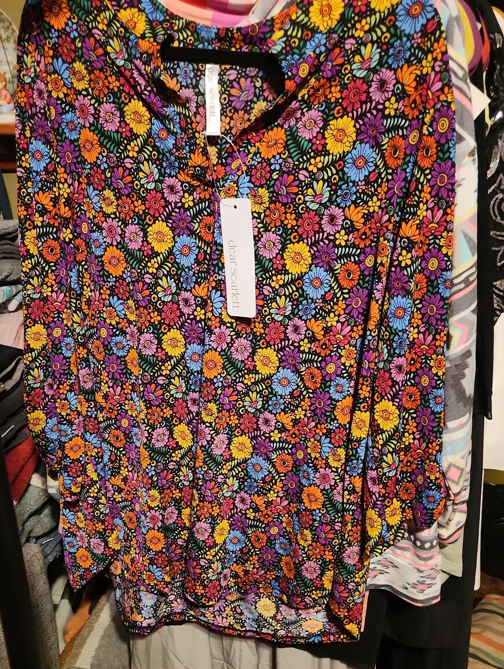 Black Floral Long Sleeve Blouse with Multicolor Blooms